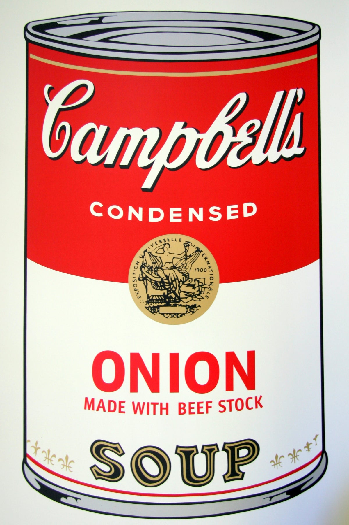 image of an andy warhol artwork titled 'campbells onion soup'. the artwork features a large image of a soup tin in a cartoon-like, pop art style, featuring the colours red, grey, white, black, and gold. the can reads 'campbells condensed onion made with beef stock soup'. this is a sunday b morning print