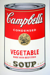 image of artwork by andy warhol titled 'campbells vegetable soup'. The image features a large, cartoon-like, art pop depiction of a soup tin, printed in red, gold, grey, white, and black colours. the tin reads 'campbells condensed vegetable made with beef stock soup'. this is a sunday b morning print