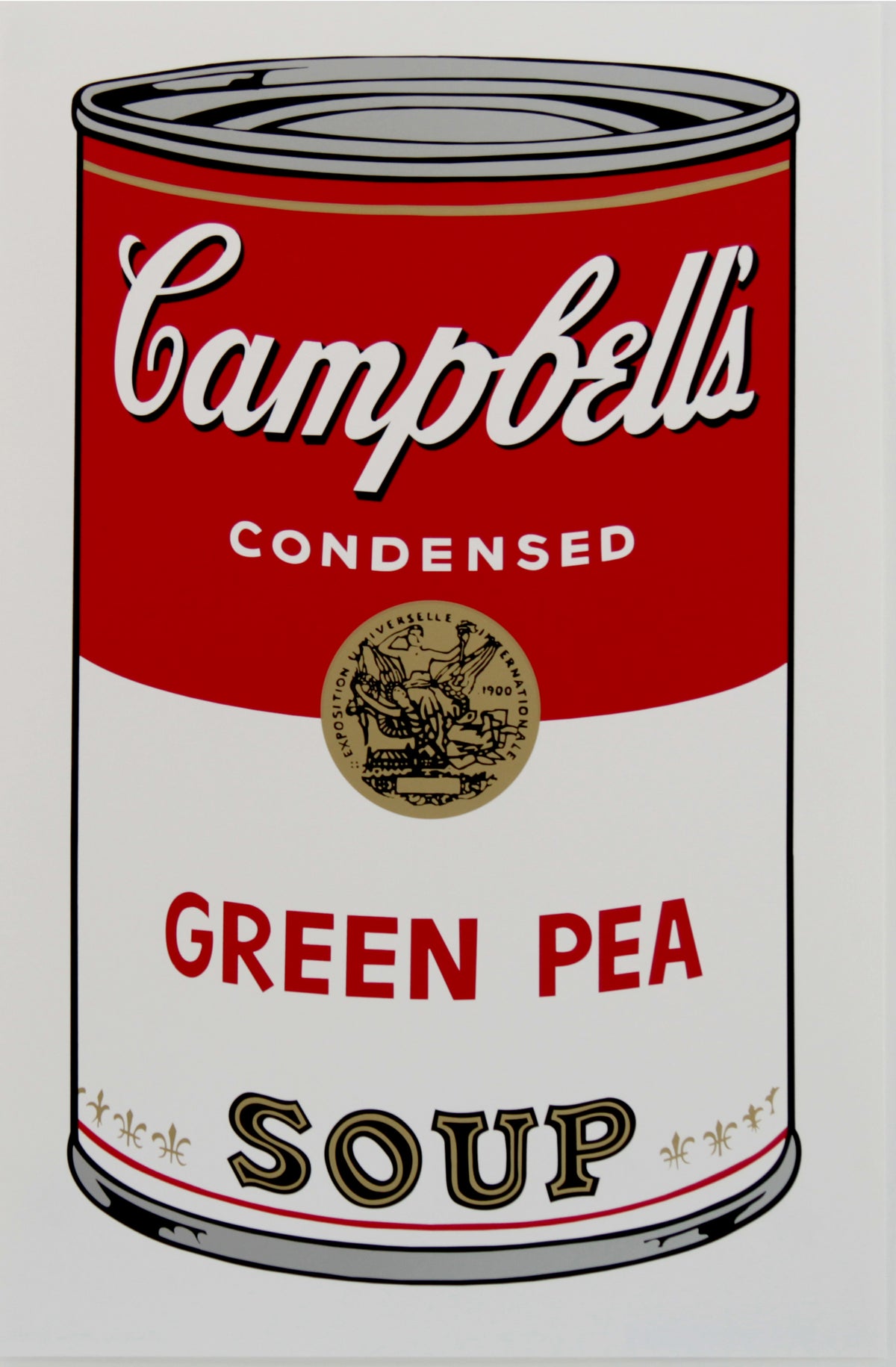 An image of an artwork by Andy Warhol titled 'Campells Green Pea Soup'. The artwork features a large image of a soup can in a cartoon-like, pop art style, featuring the colours red, grey, black, gold, and white. The can reads 'Campbells Condensed Green Pea Soup'. This is a Sunday B Morning print.