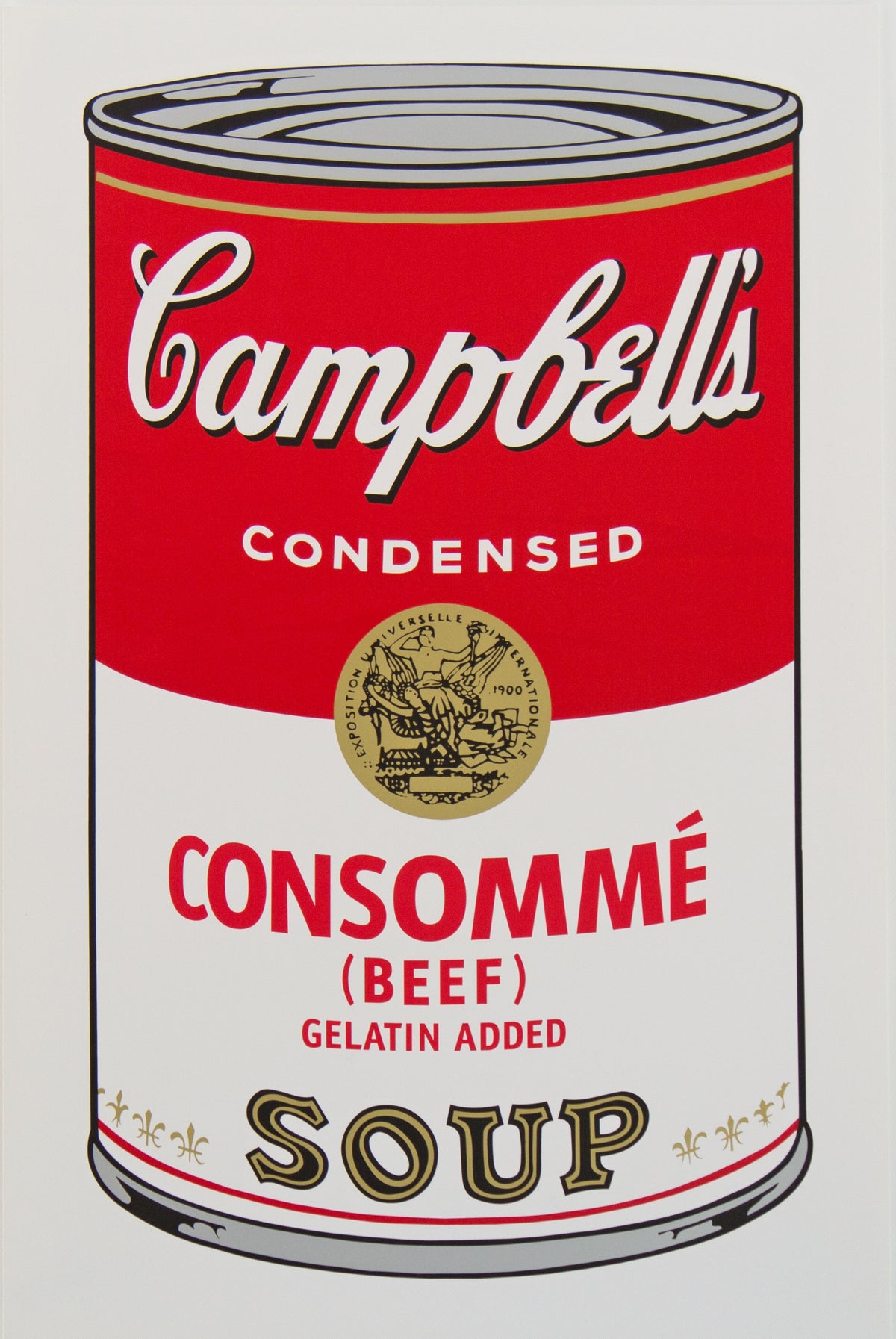 an image of andy warhol's artwork 'campbell's consomme soup'. the image features a cartoon-like, pop art depiction of a can of soup, with red, grey and gold colours. the tin reads 'campbell's condensed consomme (beef) gelatin added soup'. this is a sunday b morning print