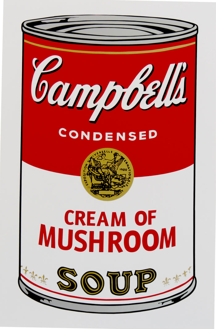 image of andy warhol artwork titled 'campbells cream of mushroom soup'. the artwork features a cartoon-like, pop art depiction of a campbell's soup can, featuring the colours red, white, grey, black, and gold. the can featured in the image reads 'campbells condensed cream of mushroom soup'. this is a sunday b morning print