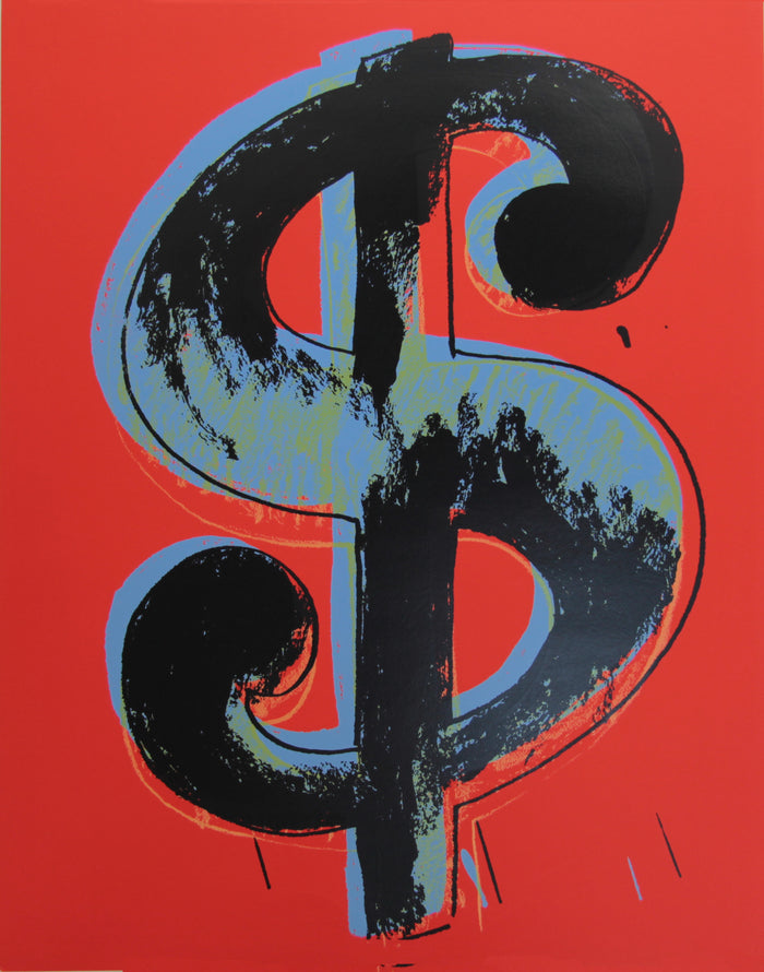 image of an artwork by andy warhol titled 'dollar red'. the artwork features a large blue image of a dollar sign on a red background, with a black overlay outline and rough shadow of a dollar sign, creating a 3-dimensional effect. this is a sunday b morning print