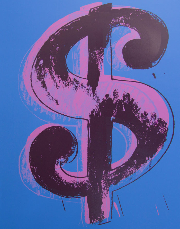 image of an andy warhol artwork titled 'dollar blue'. the artwork features a large dollar sign painted in lilac on a blue background, with a black outline and rough shadowing over the top. this is a sunday b morning print.