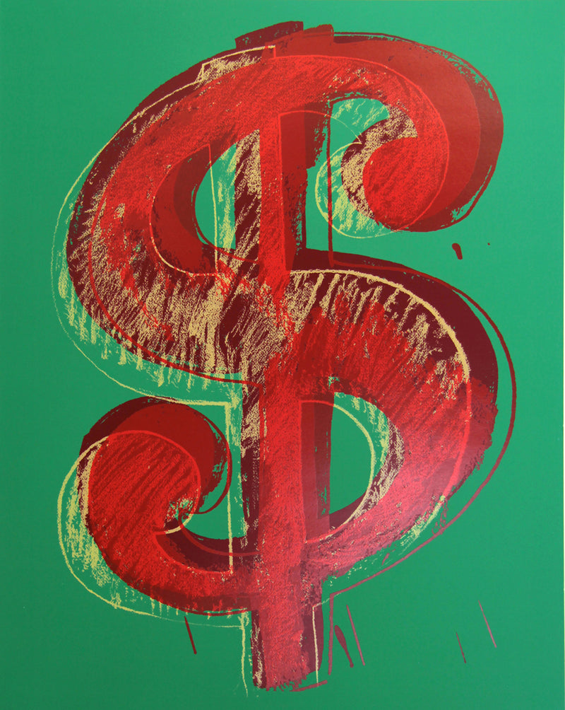 image of an artwork by andy warhol titled 'dollar green', featuring a green background, dark red dollar sign, overlayed with a gold and red sketch of a dollar sign, creating a 3-dimensional shadow effect. this is a sunday b morning print