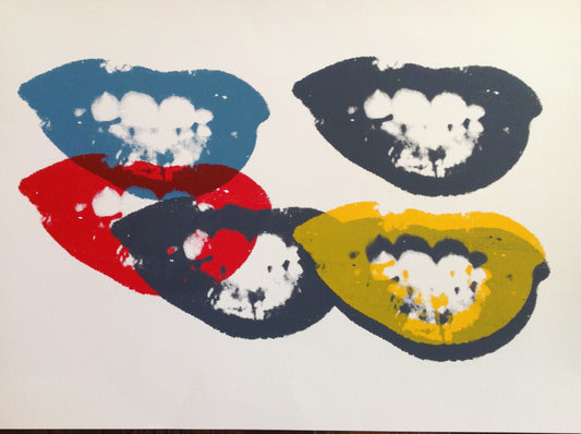 an image of a sunday b morning print after the andy warhol artwork ttled 'I love your kiss forever forever'. the artwork features five screenprinted sets of lips in blue, red, grey, and yellow, on an off-white background. this is a sunday b morning print for sale.