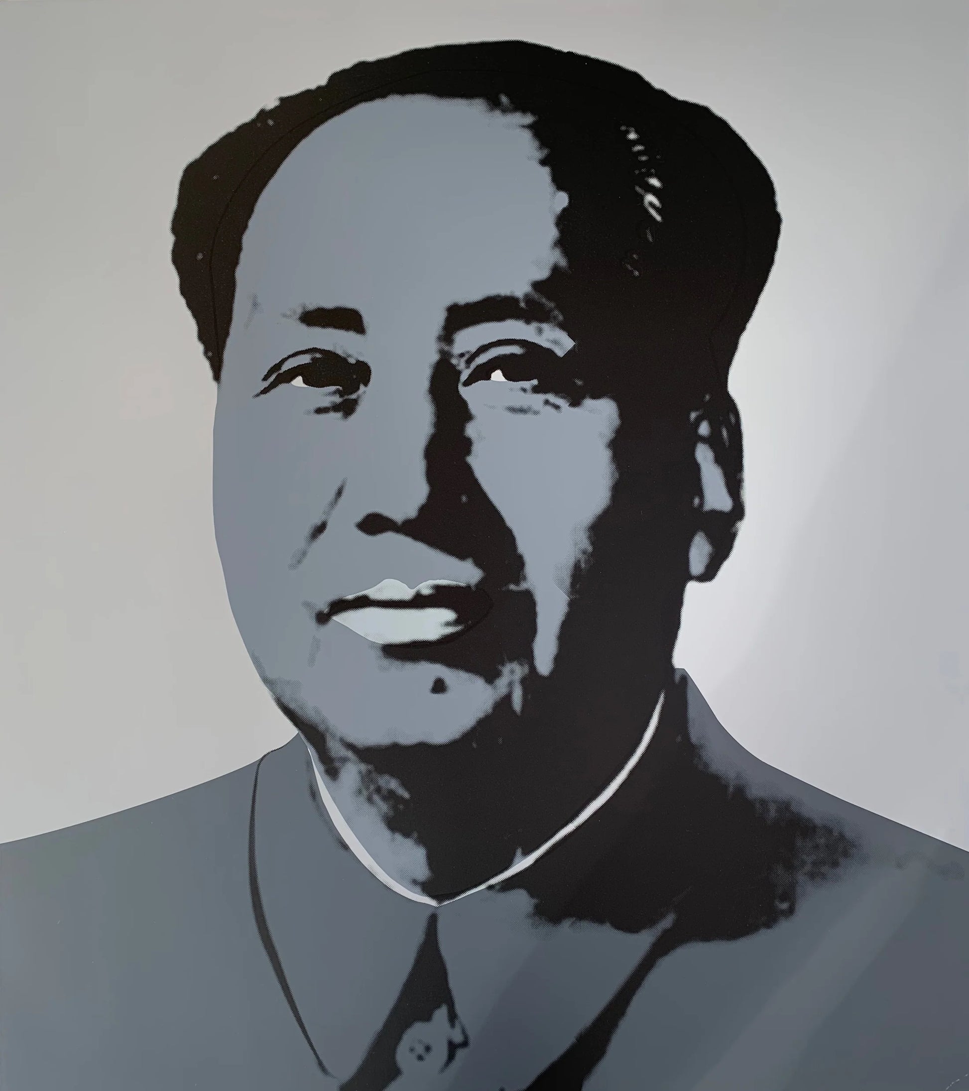 this is an image of a Sunday B Morning print of an artwork by Andy Warhol titled 'Mao Grey'. the artwork features an image of general Mao screenprinted in greyscale, with pointillated shadows. this is a sunday b morning print for sale.
