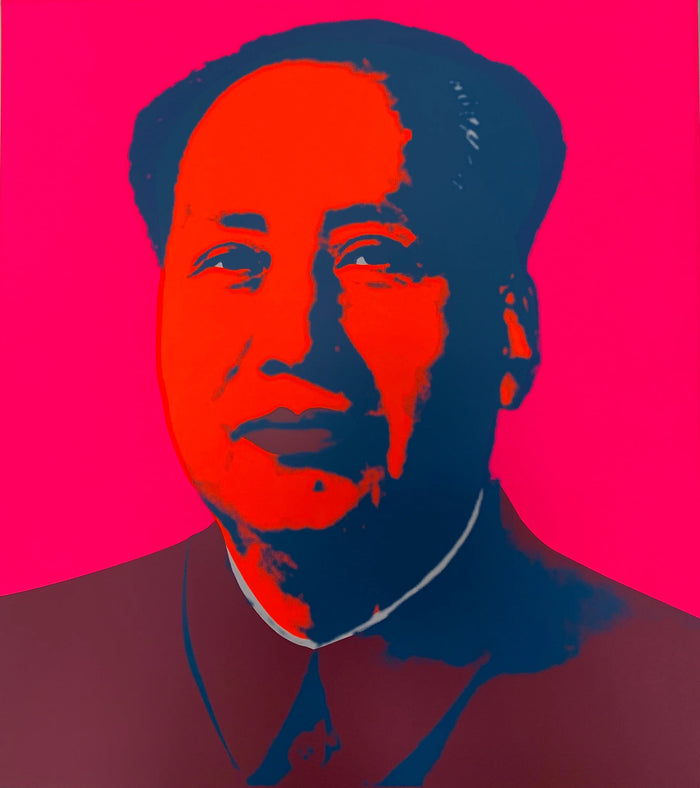 this is an image of a sunday b morning print after the andy warhol artwork 'mao pink'. the artwork features a screenprint of general mao on a hot pink background with a red face, plum jacket, and navy shadows. this is a sunday b morning print for sale