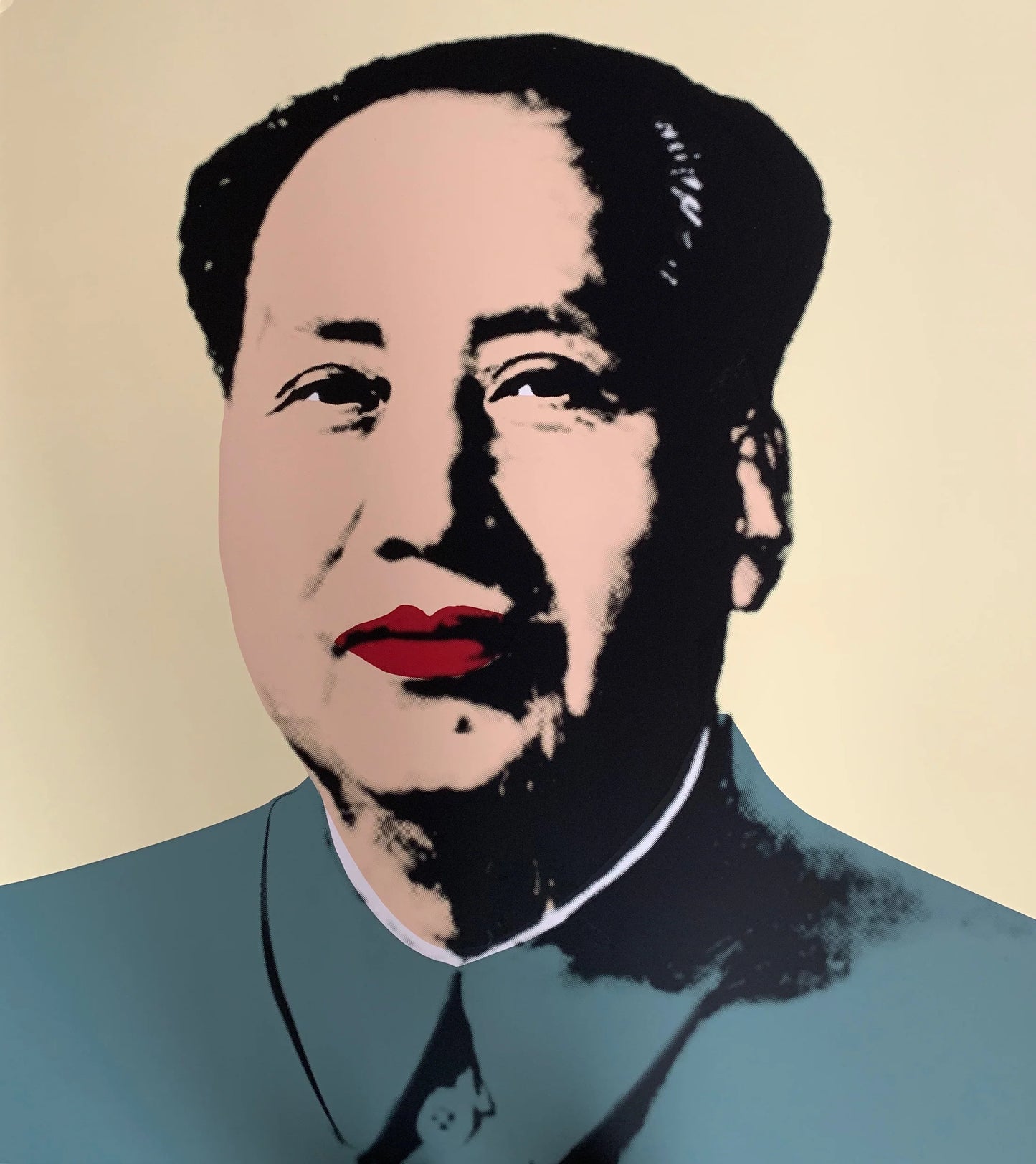 this is an image of a sunday b morning print after andy warhol titled 'mao yellow'. the artwork features a screenprint image of general mao on a yellow background, with mao's face colourised in beige with red lips and a blue uniform. the shadows in the image are black. this is a sunday b morning print for sale.