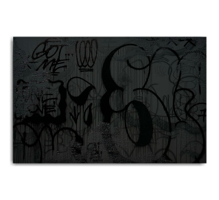 black on black graffiti canvas messuiring 100 x 150 cm 