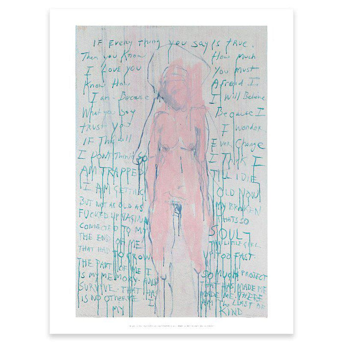 Tracey Emin print with a naked self portrait of her self surrounded by words 