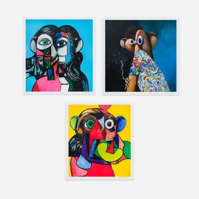 Image of three George Condo artworks, titled 'Prismatic Head', 'Portrait and Head', and 'Lost in Time'. These works were all released for the Dia Art Foundation. These artworks feature cubist portraiture techniques, vivid colours, and enlarged eyes. This is a set of George Condo Prints for sale