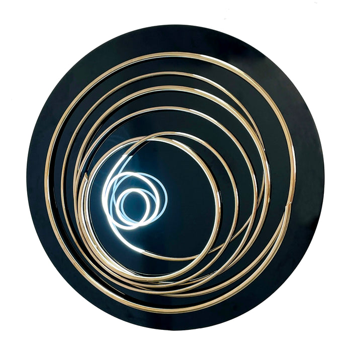 Transform your space with Mark Beattie's White Neon in Gold Spiral, a unique sculpture featuring white neon and 24ct gold plated copper on black acrylic. This one-of-a-kind masterpiece, with a diameter of 120cm, creates a captivating interplay of light, texture, and contemporary design. Illuminate your surroundings with the artistic brilliance of White Neon in Gold Spiral, a unique addition to any collection.