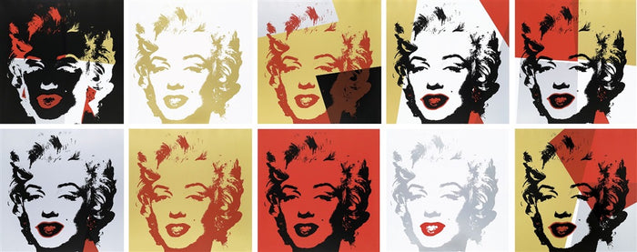 an image of a set of 10 artworks by Andy Warhol, titled 'Golden Marilyns'. Each artwork is shown in a grid, side by side. Each artwork features a stencilled image of Marilyn Monroe, with different colourways on each artwork. The artworks all use the following colours: grey, black, white, gold, red. These are all Sunday B Morning Prints