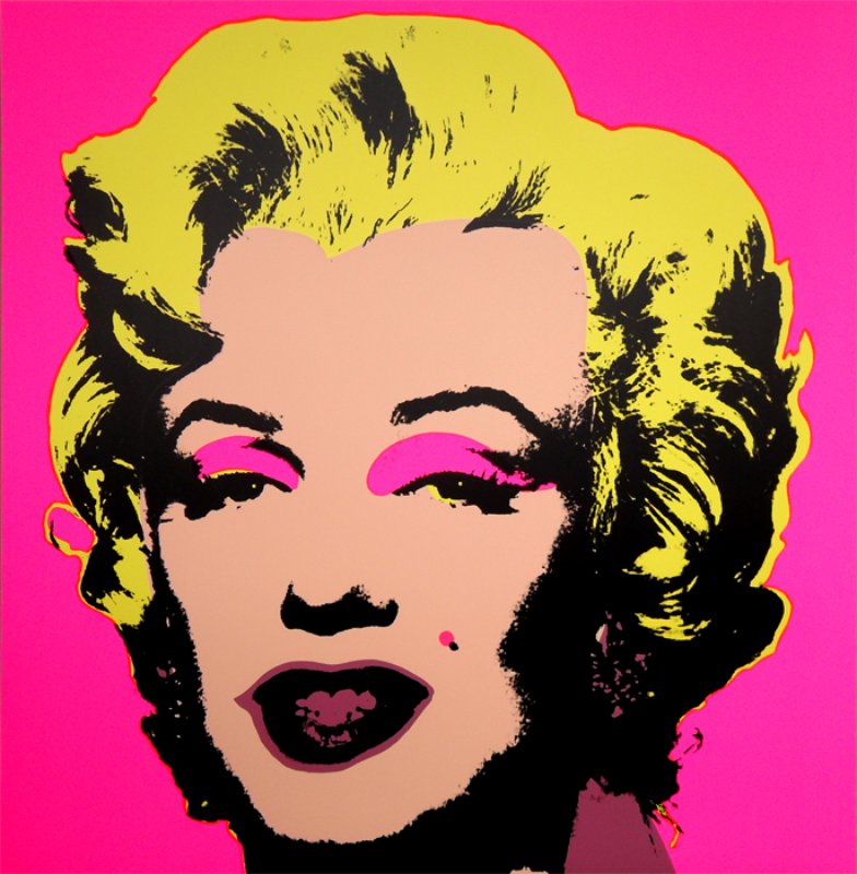 this is an image of a sunday b morning print by andy warhol titled 'marilyn 11:31'. the artwork features a screenprint of marilyn monroe's face on a fuchsia background with yellow hair and a beige face. this is a sunday b morning andy warhol marilyn monroe print for sale.