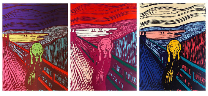 an image of a set of three artworks by Andy Warhol, all versions of 'The SCream' artwork. The three artworks are side by side, each featuring a stencilled image of the famous 'Scream' painting, in three different colourways. The left artwork features green, dark blue, and yellow; the middle artwork features pink and red; and the right artwork features yellow, cream, and blue. These are Sunday B Morning prints of Andy Warhol art.