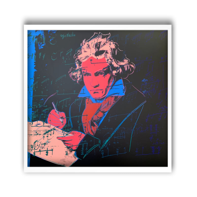 an image of the andy warhol artwork titled 'beethoven 392' in a white frame. the image features a colourised image of beethoven in the centre, with red skin, yellow hair and writing equipment, a blue shirt and red scarf. the background is mostly black, with some blue at the left side. there is overlayed musical notation in both green and blue. this is a sunday b morning print