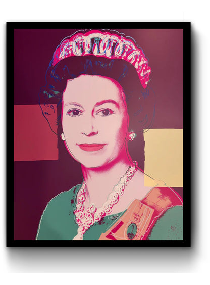 an image of an artwork by andy warhol titled 335 queen elizabeth II, in a black frame. the image features a young queen elizabeth in a colourised pop art style, with green and orange clothing and a pink-toned face. the background is mauve and there are two square blocks of colour, one in red on the left, and one yellow on the right. the image is a screenprint by sunday b morning