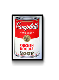 an image of an andy warhol artwork titled 'campbells chicken noodle soup' in a black frame. the image features a cartoon-like, pop art depiction of a soup can, with the text 'Campbell's Condensed CHicken Noodle Soup'. this is a sunday b morning print