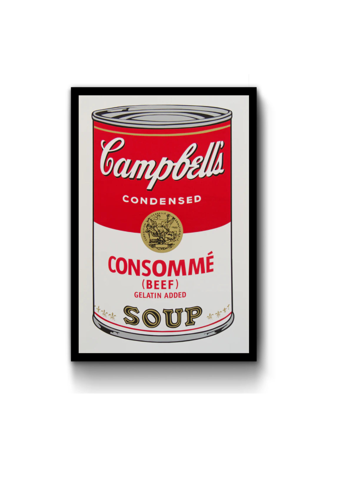 an image of andy warhol's artwork 'campbell's consomme soup' in a black frame. the image features a cartoon-like, pop art depiction of a can of soup, with red, grey and gold colours. the tin reads 'campbell's condensed consomme (beef) gelatin added soup'. this is a sunday b morning print