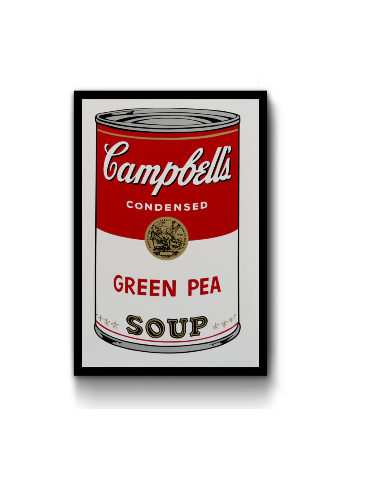 An image of an artwork by Andy Warhol titled 'Campells Green Pea Soup' in a black frame. The artwork features a large image of a soup can in a cartoon-like, pop art style, featuring the colours red, grey, black, gold, and white. The can reads 'Campbells Condensed Green Pea Soup'. This is a Sunday B Morning print.