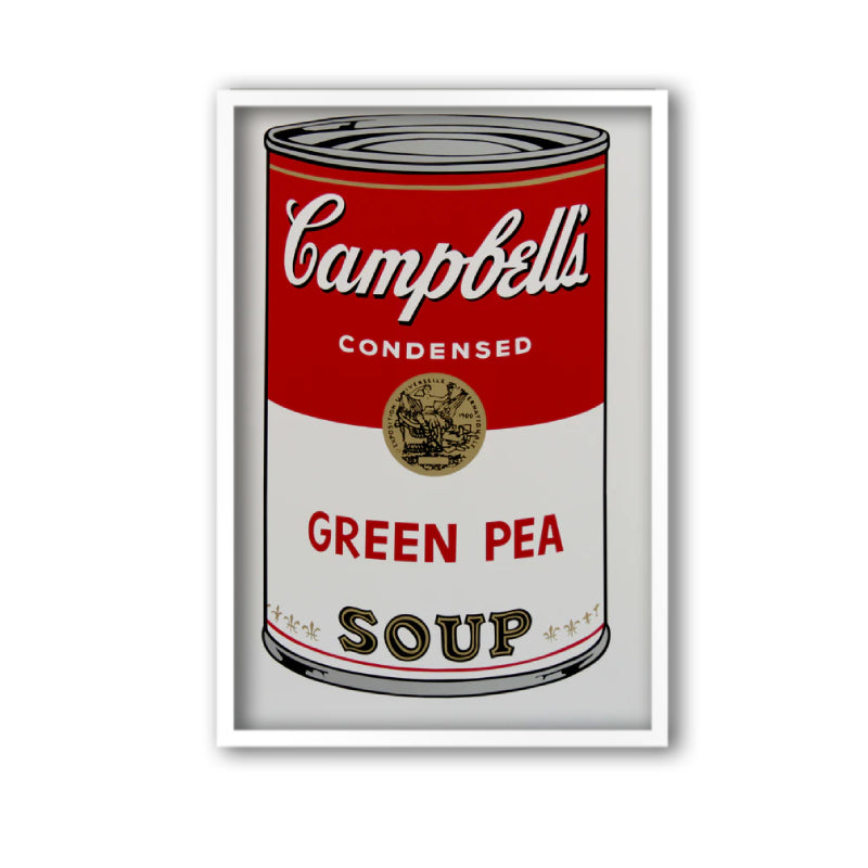 An image of an artwork by Andy Warhol titled 'Campells Green Pea Soup' in a white frame. The artwork features a large image of a soup can in a cartoon-like, pop art style, featuring the colours red, grey, black, gold, and white. The can reads 'Campbells Condensed Green Pea Soup'. This is a Sunday B Morning print.