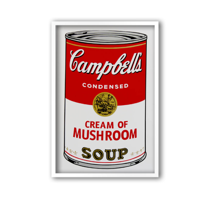 image of andy warhol artwork titled 'campbells cream of mushroom soup' in a white frame. the artwork features a cartoon-like, pop art depiction of a campbell's soup can, featuring the colours red, white, grey, black, and gold. the can featured in the image reads 'campbells condensed cream of mushroom soup'. this is a sunday b morning print