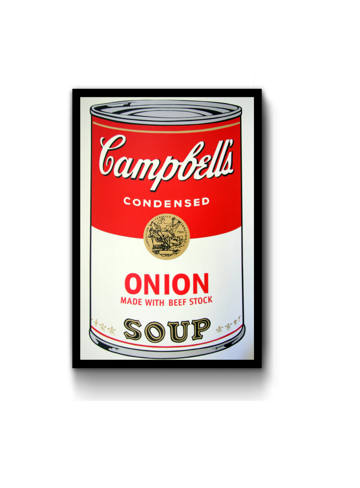 image of an andy warhol artwork titled 'campbells onion soup' in a black frame. the artwork features a large image of a soup tin in a cartoon-like, pop art style, featuring the colours red, grey, white, black, and gold. the can reads 'campbells condensed onion made with beef stock soup'. this is a sunday b morning print