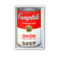 image of an andy warhol artwork titled 'campbells onion soup' in a white frame. the artwork features a large image of a soup tin in a cartoon-like, pop art style, featuring the colours red, grey, white, black, and gold. the can reads 'campbells condensed onion made with beef stock soup'. this is a sunday b morning print