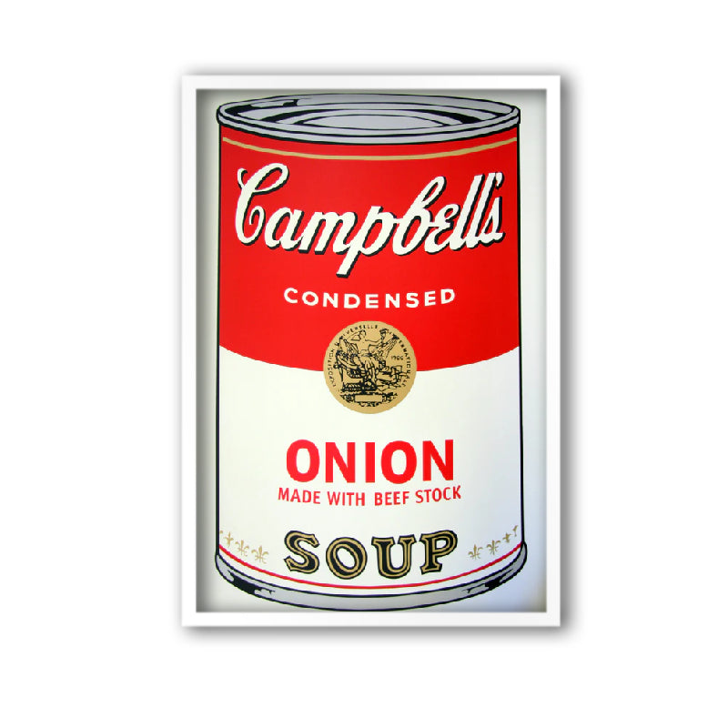 image of an andy warhol artwork titled 'campbells onion soup' in a white frame. the artwork features a large image of a soup tin in a cartoon-like, pop art style, featuring the colours red, grey, white, black, and gold. the can reads 'campbells condensed onion made with beef stock soup'. this is a sunday b morning print