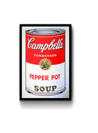 image features an andy warhol artwork titled 'campbells pepper pot soup' in a black frame. the artwork features a large image of a soup can in a cartoon-like, pop art style, featuring the colours red, grey, black, white, and gold. the can reads 'campbells condensed pepper pot soup'. this is a sunday b morning print