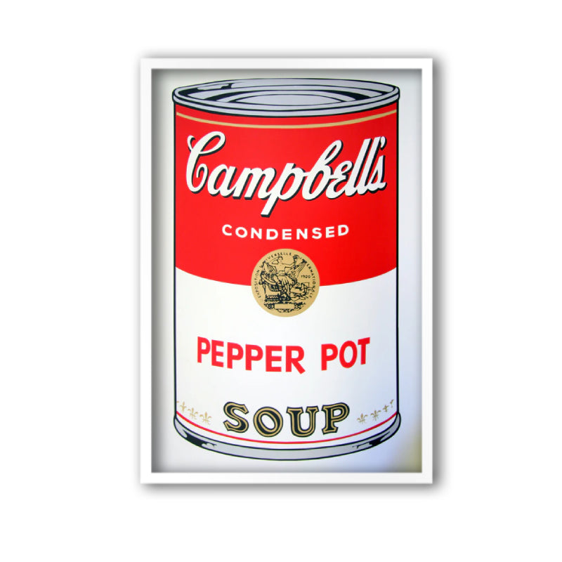 image features an andy warhol artwork titled 'campbells pepper pot soup' in a white frame. the artwork features a large image of a soup can in a cartoon-like, pop art style, featuring the colours red, grey, black, white, and gold. the can reads 'campbells condensed pepper pot soup'. this is a sunday b morning print