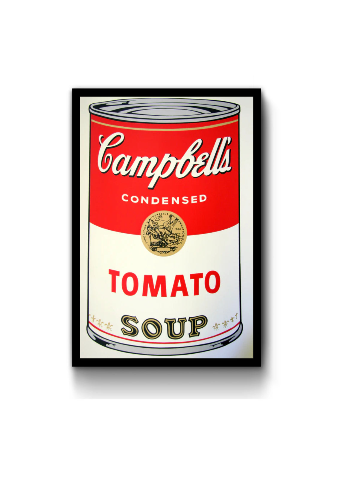 image of andy warhol artwork titled 'campbells tomato soup' in a black frame. the artwork features a large image of a soup can in a cartoon-like, art pop style, featuring the colours red, grey, white, black, and gold. the can reads 'campbells condensed tomato soup'. this is a sunday b morning print 