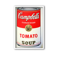 image of andy warhol artwork titled 'campbells tomato soup' in a white frame. the artwork features a large image of a soup can in a cartoon-like, art pop style, featuring the colours red, grey, white, black, and gold. the can reads 'campbells condensed tomato soup'. this is a sunday b morning print 