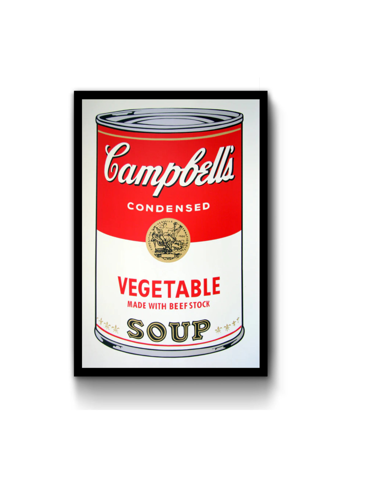 image of artwork by andy warhol titled 'campbells vegetable soup', in a black frame. The image features a large, cartoon-like, art pop depiction of a soup tin, printed in red, gold, grey, white, and black colours. the tin reads 'campbells condensed vegetable made with beef stock soup'. this is a sunday b morning print