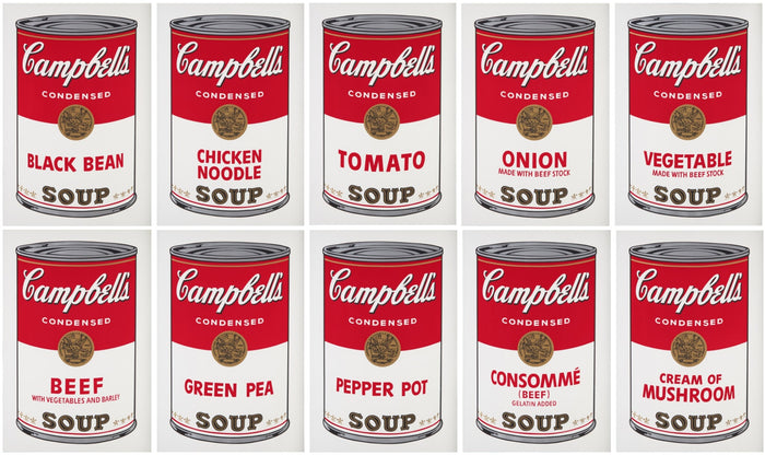 this is an image of a portfolio of ten sunday b morning prints after andy warhol, from the campbells soup series. this image features ten artworks in a grid formation, each with one of andy warhol'd campbells soup works. these are sunday b morning prints for sale