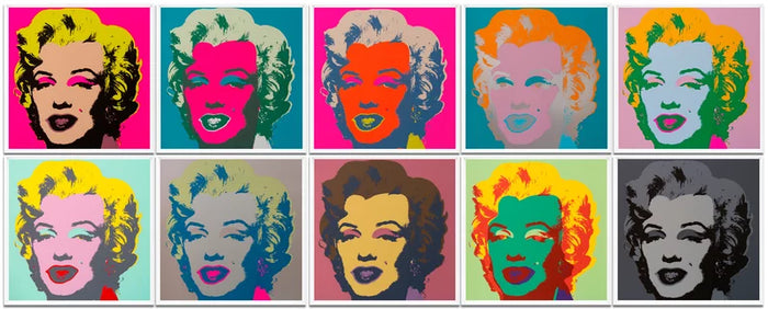 An image of 10 artworks by Andy Warhol, in a portfolio of 10 titled 'Marilyn'. The image shows all of the artworks in a grid, with two rows and five columns. All the artworks feature a stencilled image of Marilyn Monroe, and each feature different colourways, with bright colours on her skin and hair. s