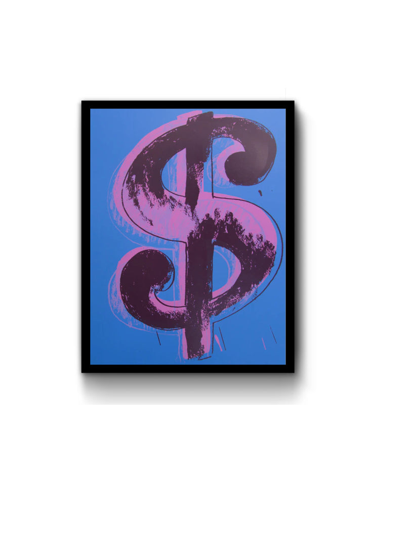 image of an andy warhol artwork titled 'dollar blue', in a black frame. the artwork features a large dollar sign painted in lilac on a blue background, with a black outline and rough shadowing over the top. this is a sunday b morning print.