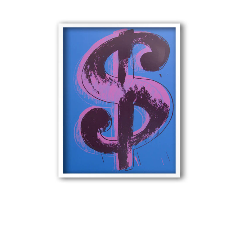 image of an andy warhol artwork titled 'dollar blue', in a white frame. the artwork features a large dollar sign painted in lilac on a blue background, with a black outline and rough shadowing over the top. this is a sunday b morning print.