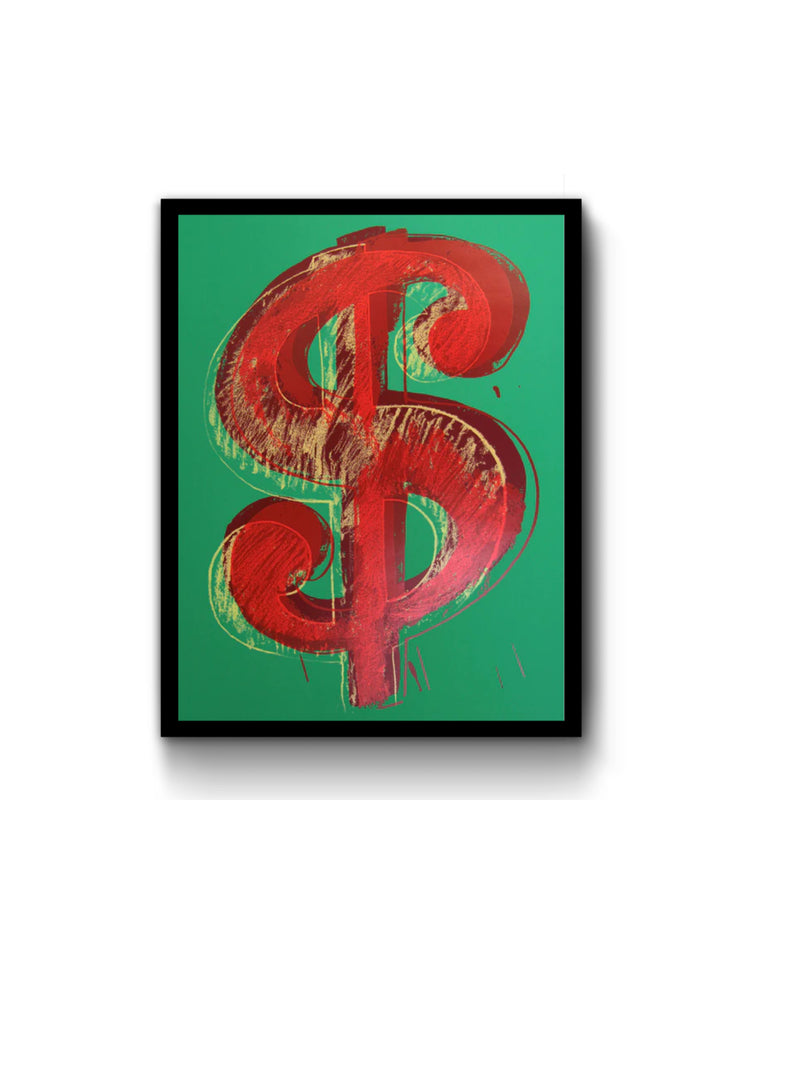 image of an artwork by andy warhol titled 'dollar green' in a black frame, featuring a green background, dark red dollar sign, overlayed with a gold and red sketch of a dollar sign, creating a 3-dimensional shadow effect. this is a sunday b morning print