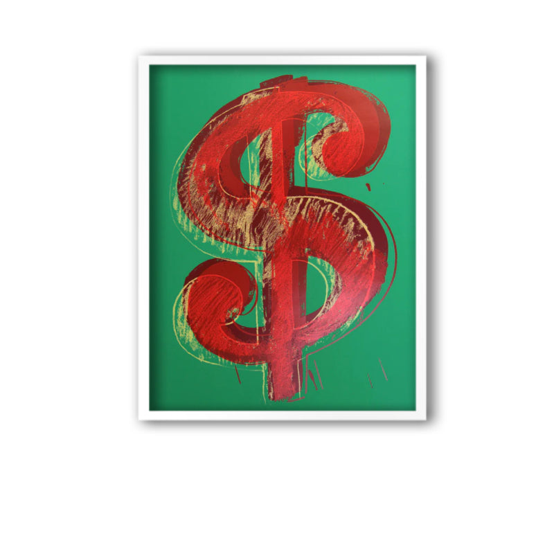 image of an artwork by andy warhol titled 'dollar green' in a white frame, featuring a green background, dark red dollar sign, overlayed with a gold and red sketch of a dollar sign, creating a 3-dimensional shadow effect. this is a sunday b morning print