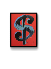 image of an artwork by andy warhol titled 'dollar red' in a black frame. the artwork features a large blue image of a dollar sign on a red background, with a black overlay outline and rough shadow of a dollar sign, creating a 3-dimensional effect. this is a sunday b morning print