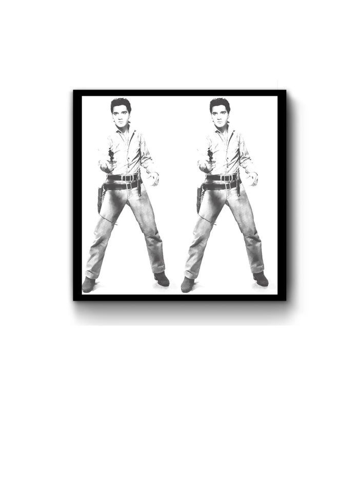 an image of an artwork by andy warhol titled 'double elvis' in a black frame. the artwork features two black and white photograph prints of elvis. this is a sunday b morning print