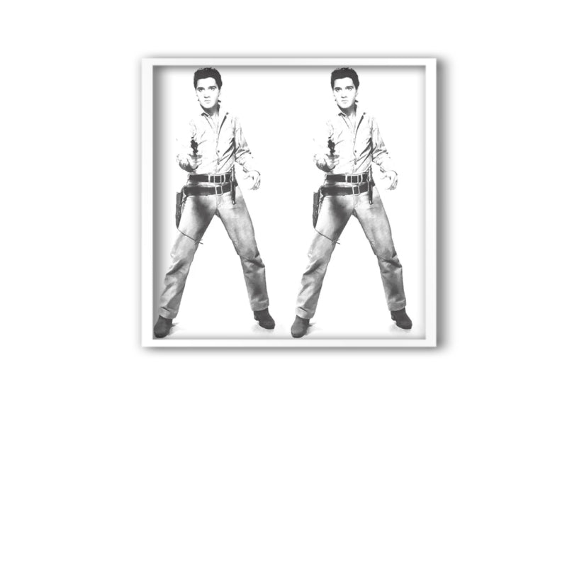 an image of an artwork by andy warhol titled 'double elvis' in a white frame. the artwork features two black and white photograph prints of elvis. this is a sunday b morning print