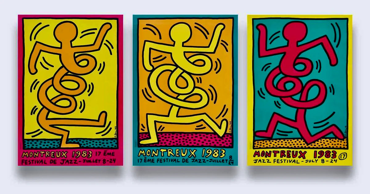 Keith Haring, Set of Montreux Jazz Festival Prints | Keith Haring Prints For Sale, Buy Keith Haring art prints, Keith Haring artwork.  Artwork in pop art style featuring twisting man. Colours are pink, orange and yellow. Montreux Jazz Festival Poster