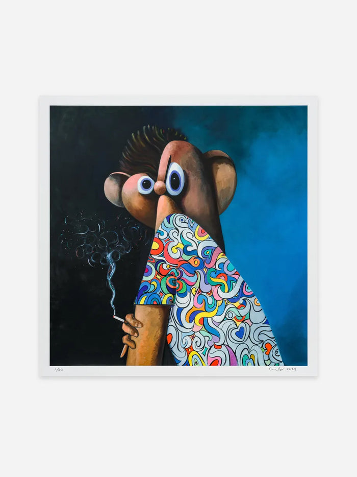 Image of a George Condo artwork titled 'Lost in Time'. The work features a portrait of a man smoking, clearly influenced by cubist and surrealist styles, as well as old Dutch portraiture. The man's face is made of asymmetrical 3D shapes, and he sits smoking against a blue background. This is a George Condo print for sale