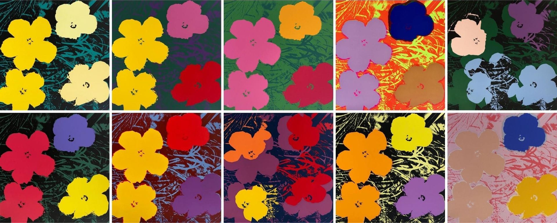 an image of 10 artworks by andy warhol in a portfolio titled 'flowers'. these artworks are displayed in a grid format with two rows and five columns. the artworks all feature four flowers ina cartoon-like, pop art style, in various colourways. all 10 colourways are brightly coloured and feature yellow, pink, red, blue, orange, and green. these are sunday b morning prints for sale