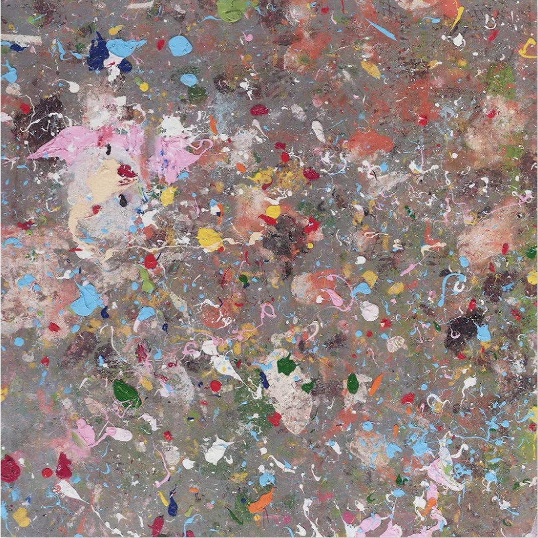 image of abstract artwork featuring many colourful paint splodges on a grey background