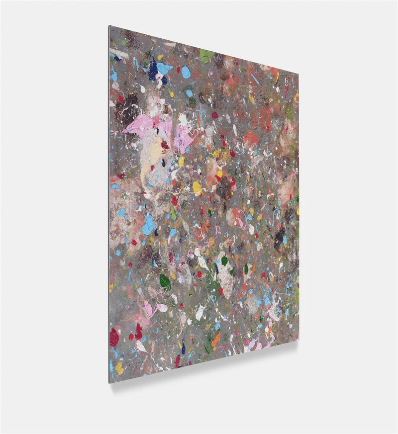 image of artwork against plain background. abstract artwork featuring many colourful paint splodges on a grey background