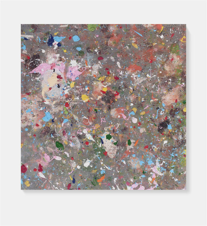 image of artwork against plain background. abstract artwork featuring many colourful paint splodges on a grey background