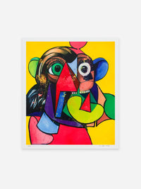 Image of a George Condo artwork titled 'Portrait and Head'. The artwork features a yellow background, and a very colourful cubist portrait, in which all of the facial features are contorted into geometric shapes which are mostly in blocks of primary colours. This is a George Condo print for sale